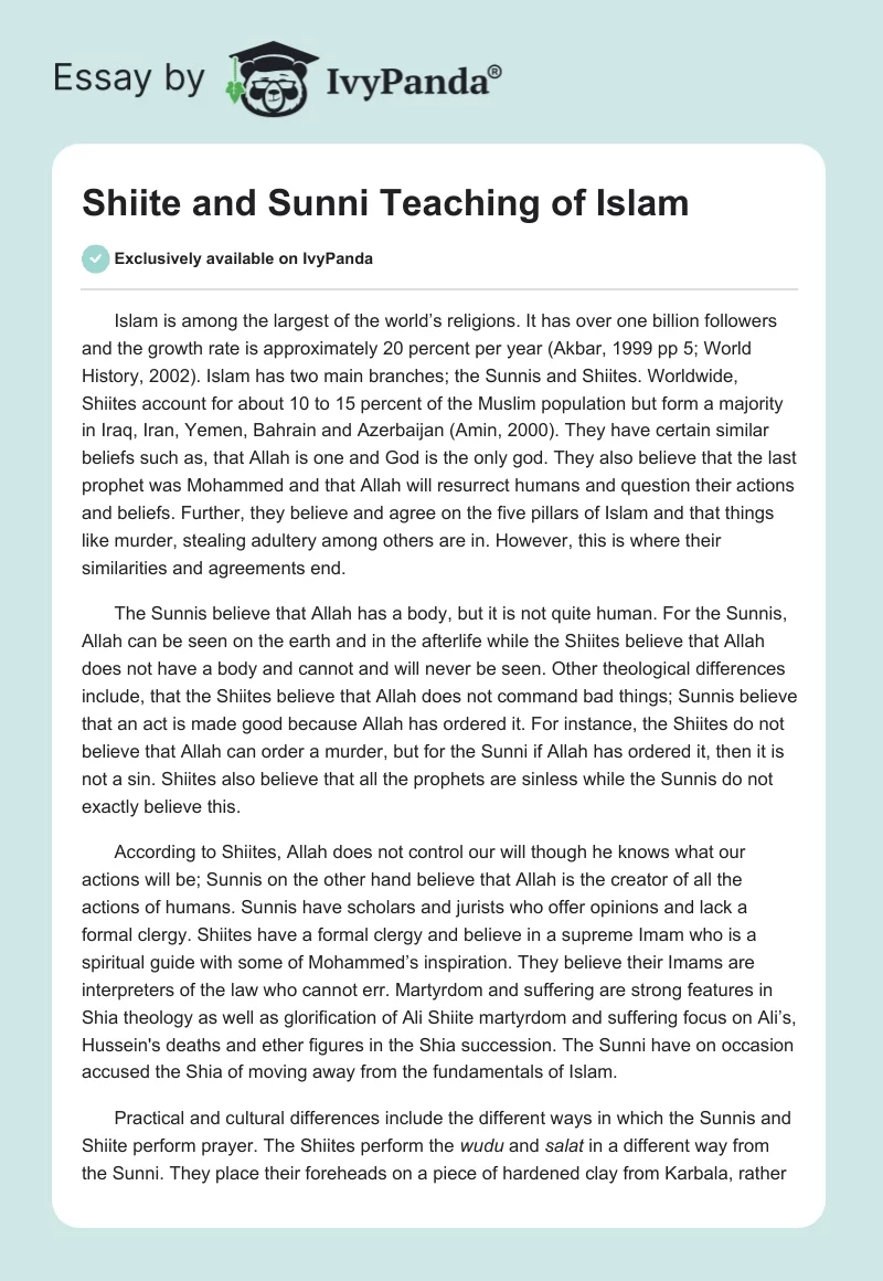 Shiite and Sunni Teaching of Islam. Page 1