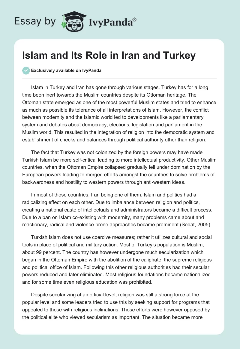 Islam and Its Role in Iran and Turkey. Page 1