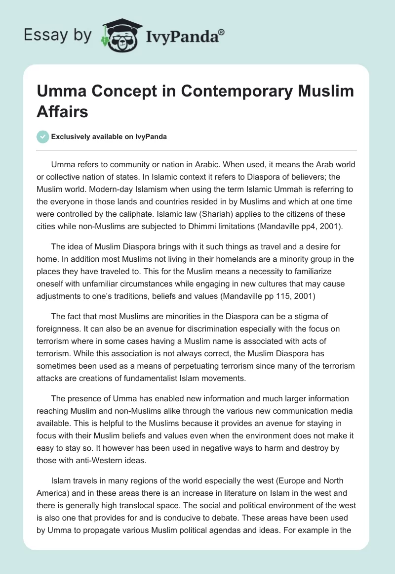 Umma Concept in Contemporary Muslim Affairs. Page 1