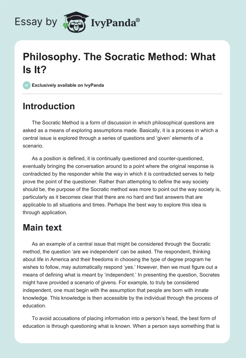Philosophy. The Socratic Method: What Is It?. Page 1