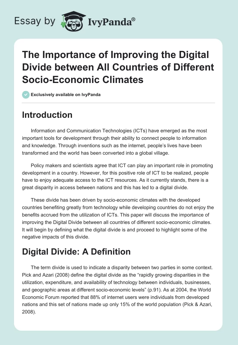 The Importance of Improving the Digital Divide between All Countries of Different Socio-Economic Climates. Page 1