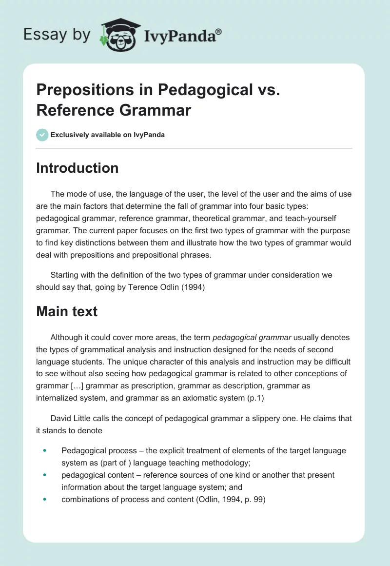 Prepositions in Pedagogical vs. Reference Grammar. Page 1