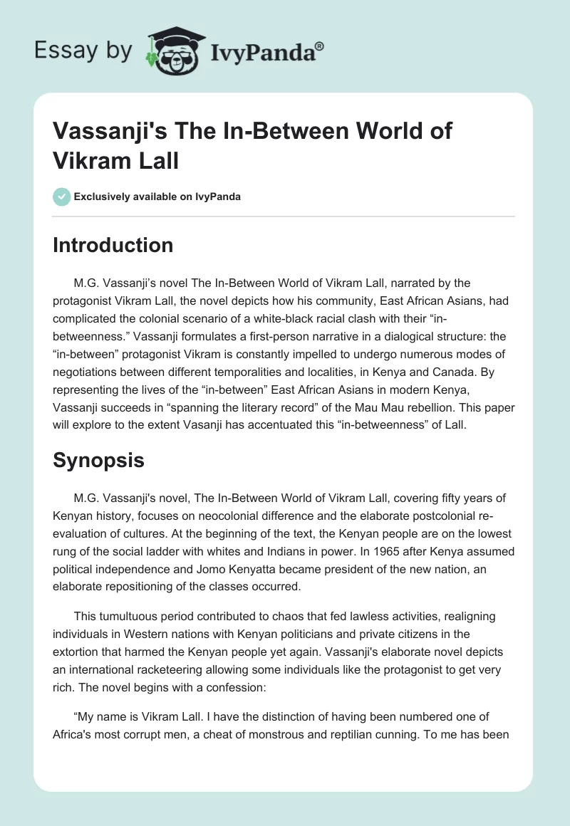 Vassanji's "The In-Between World of Vikram Lall". Page 1