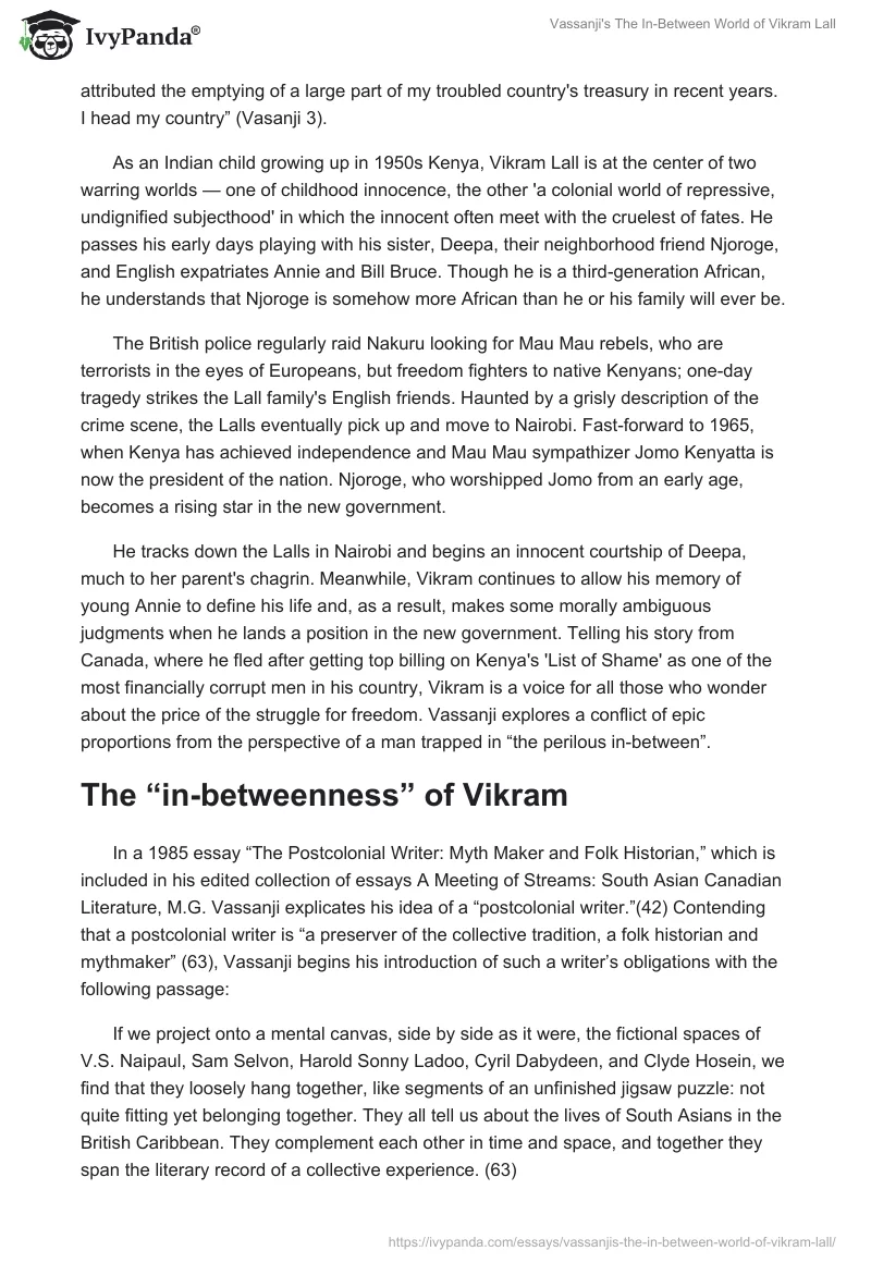 Vassanji's "The In-Between World of Vikram Lall". Page 2