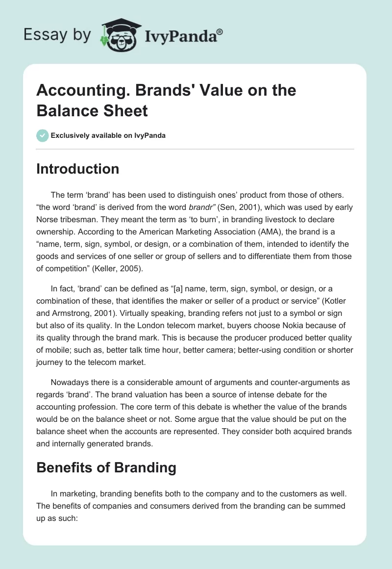 Accounting. Brands' Value on the Balance Sheet. Page 1