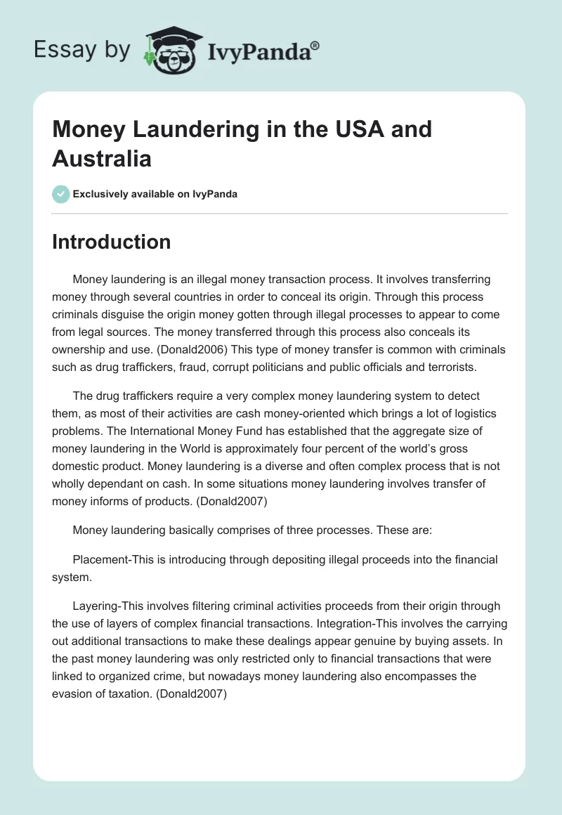 Money Laundering in the USA and Australia. Page 1