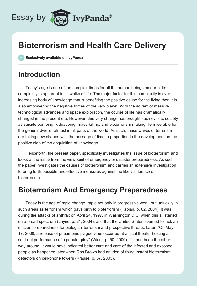 Bioterrorism and Health Care Delivery. Page 1