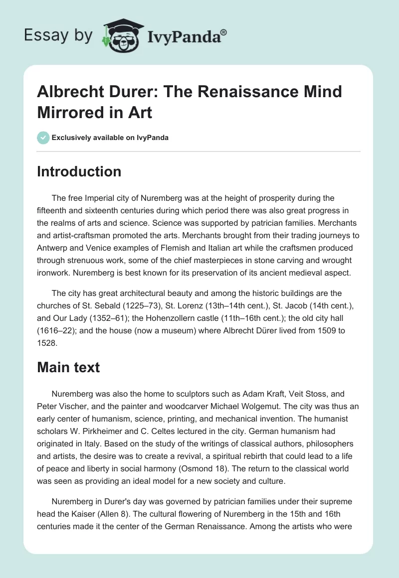 Albrecht Durer: The Renaissance Mind Mirrored in Art. Page 1