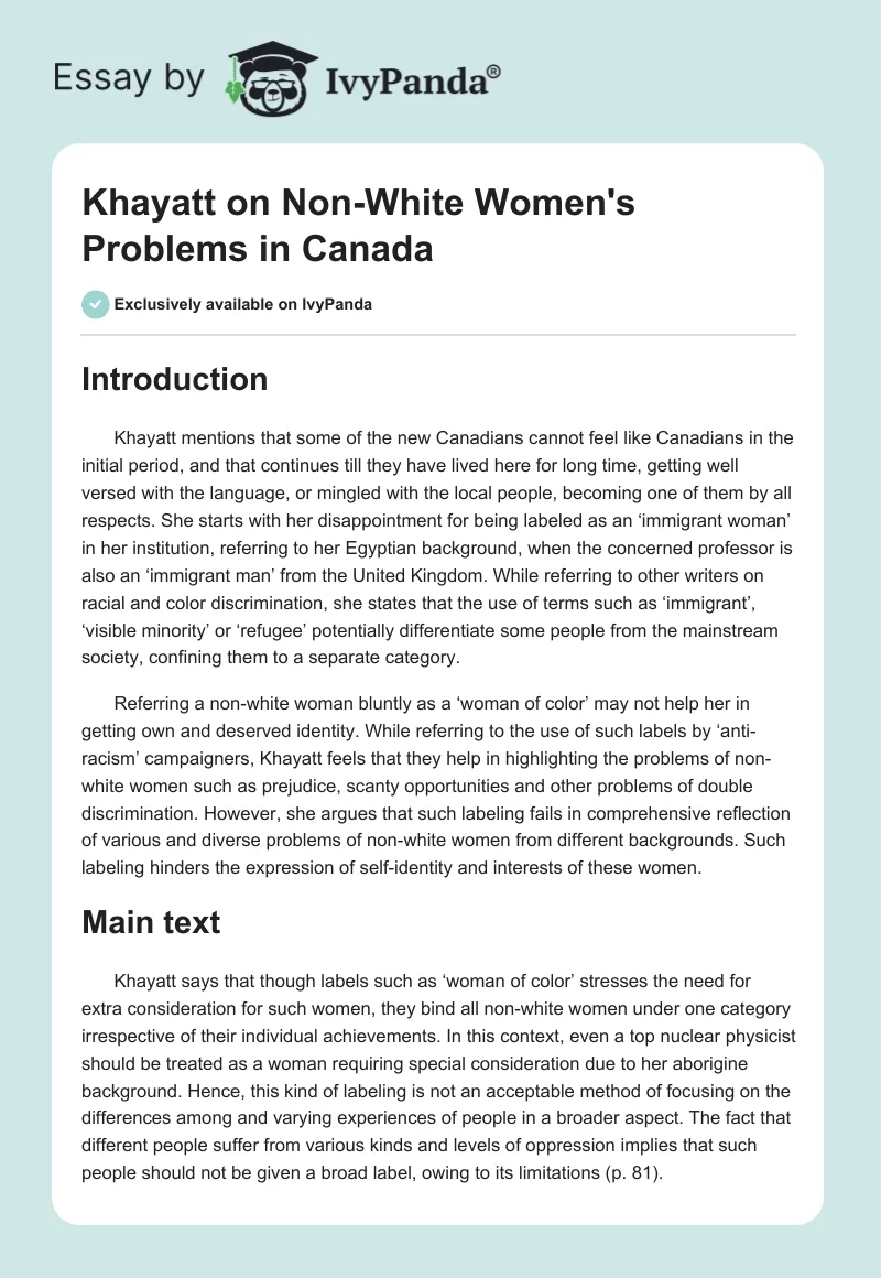 Khayatt on Non-White Women's Problems in Canada. Page 1