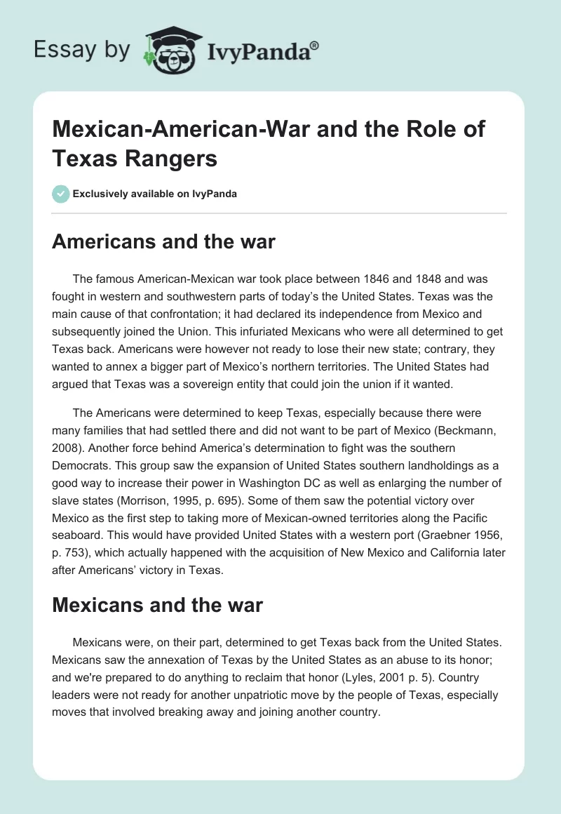 Mexican-American-War and the Role of Texas Rangers. Page 1