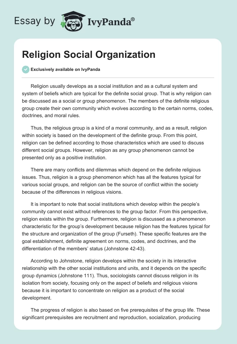 Religion Social Organization. Page 1