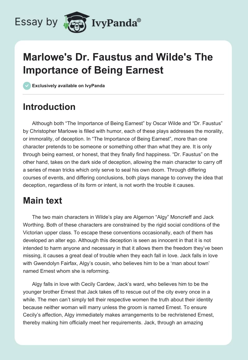 Marlowe's "Dr. Faustus" and Wilde's "The Importance of Being Earnest". Page 1