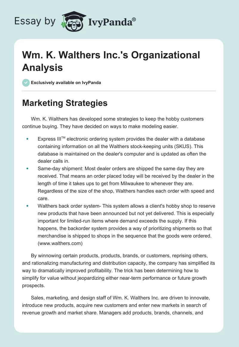 Wm. K. Walthers Inc.'s Organizational Analysis. Page 1