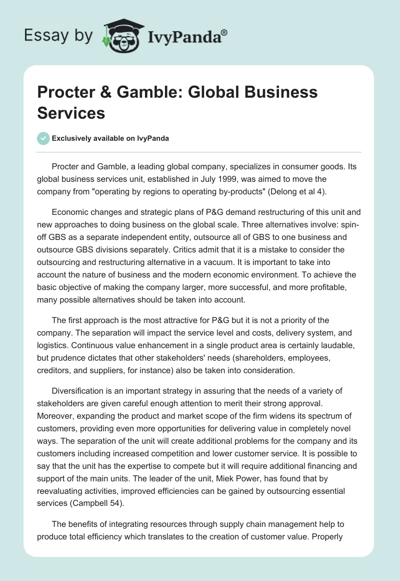 Procter & Gamble: Global Business Services. Page 1