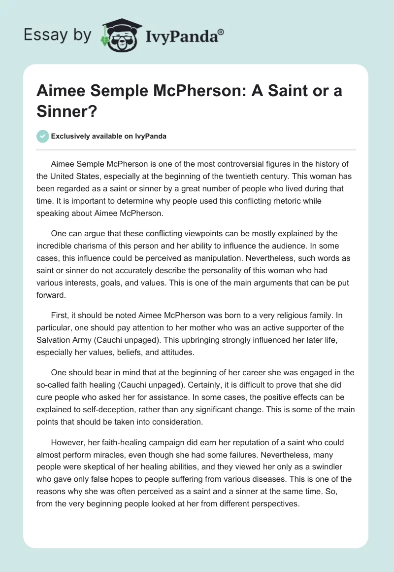 Aimee Semple McPherson: A Saint or a Sinner?. Page 1