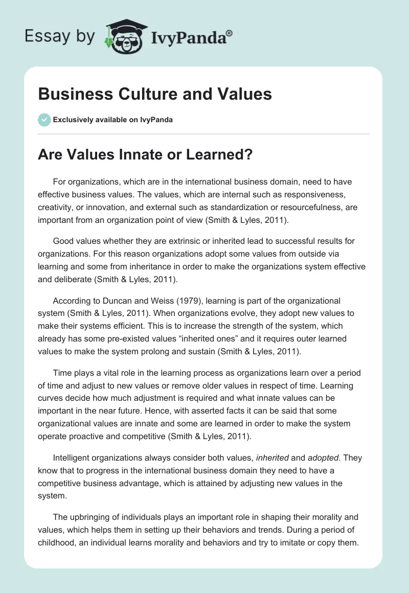 Business Culture and Values. Page 1
