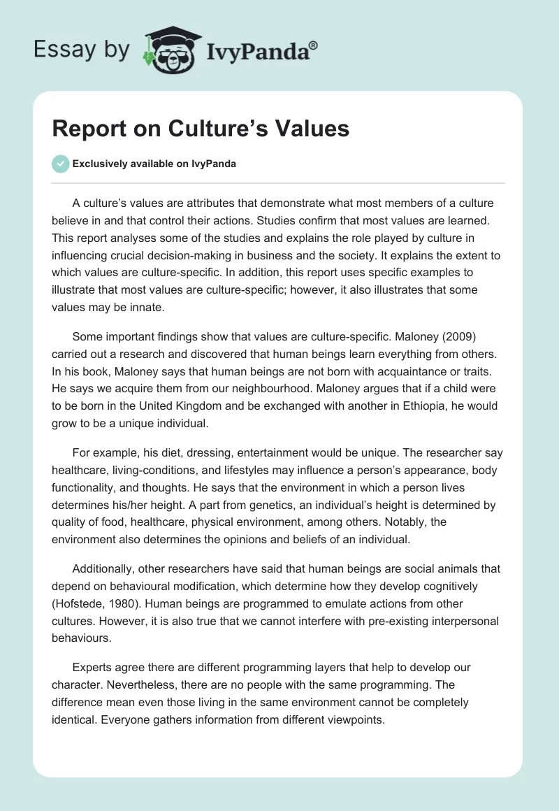 Report on Culture’s Values. Page 1