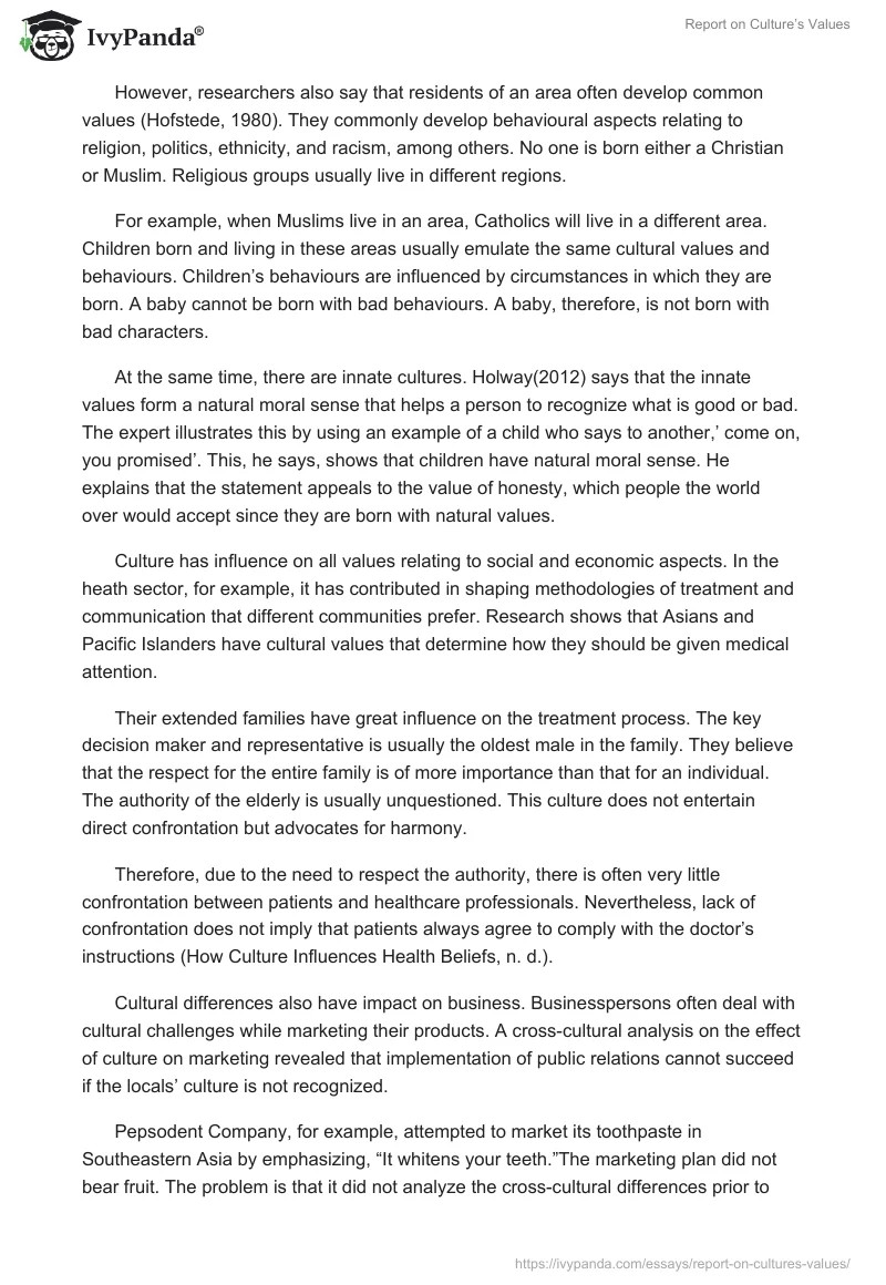 Report on Culture’s Values. Page 2