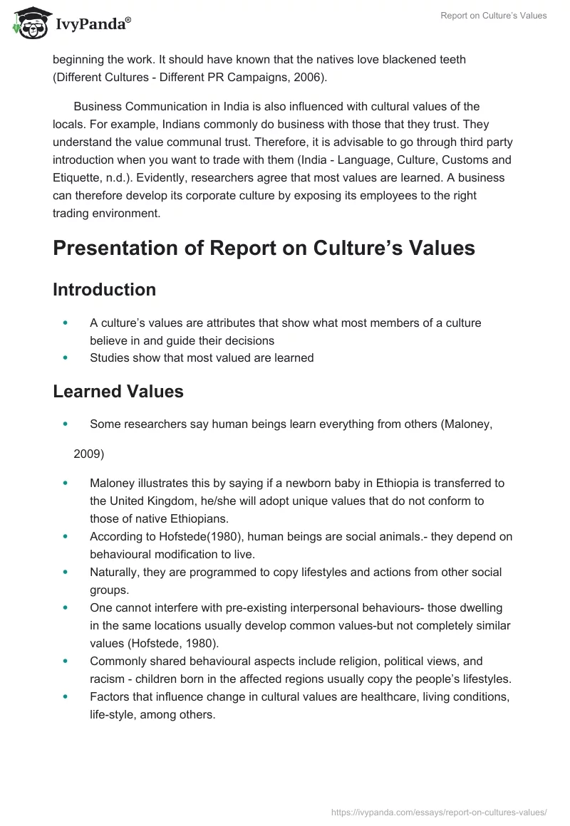 Report on Culture’s Values. Page 3