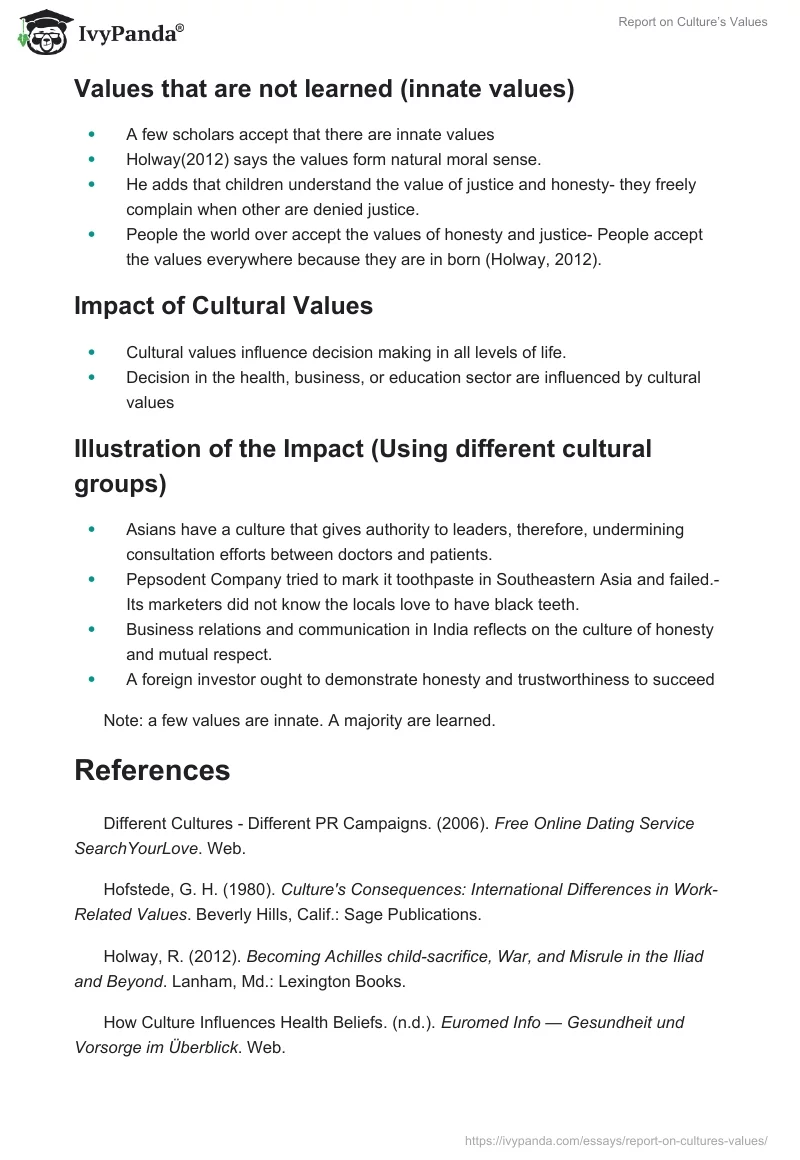Report on Culture’s Values. Page 4