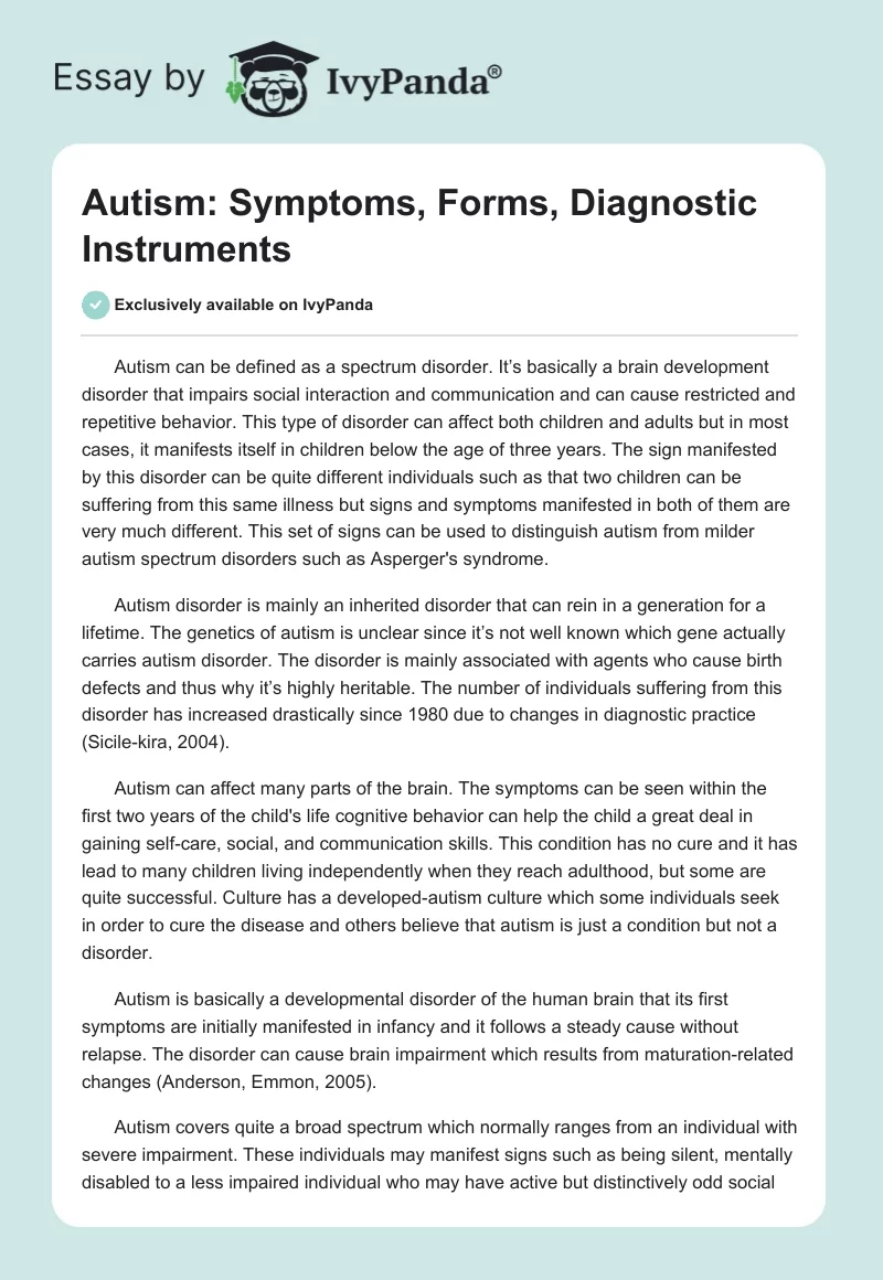 Autism: Symptoms, Forms, Diagnostic Instruments. Page 1