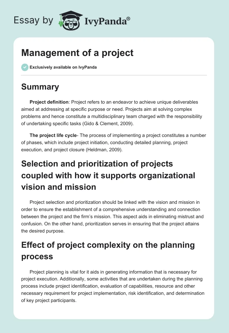 Management of a project. Page 1