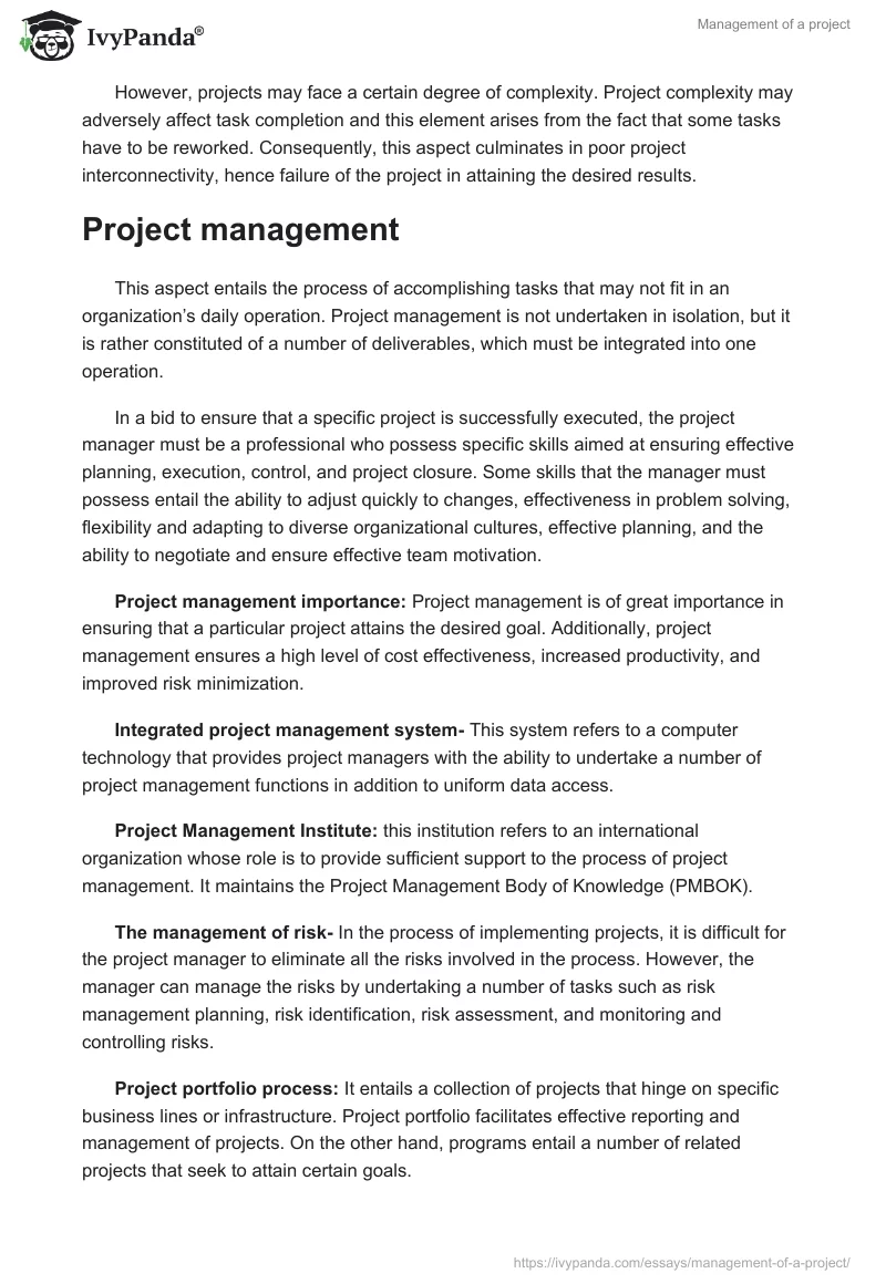 Management of a project - 539 Words | Essay Example