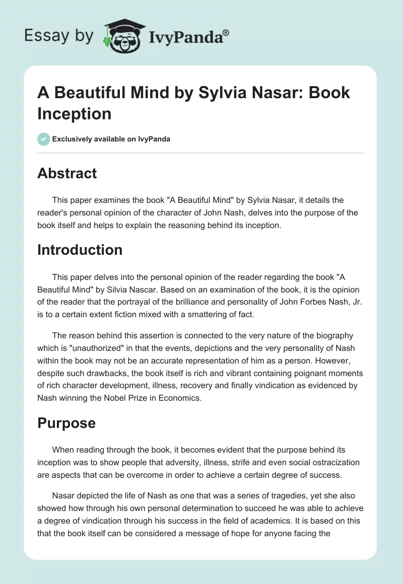 "A Beautiful Mind" by Sylvia Nasar: Book Inception. Page 1