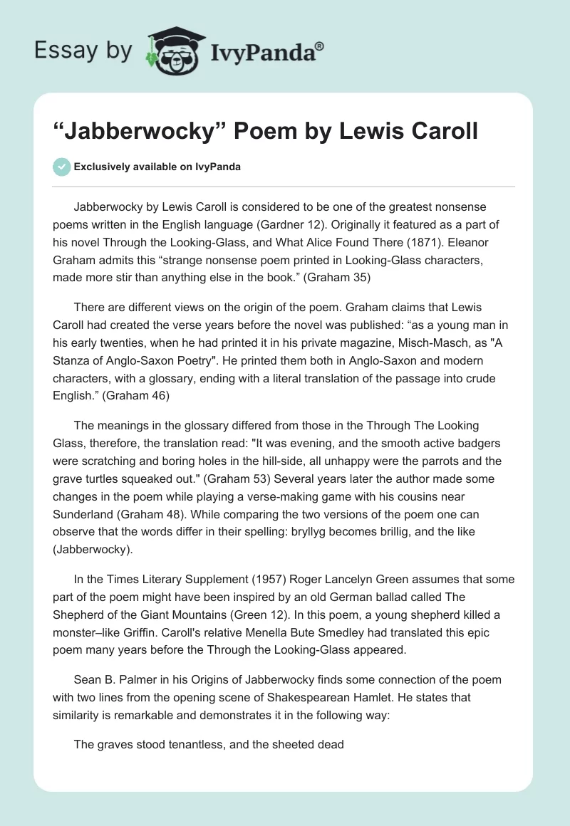 “Jabberwocky” Poem by Lewis Caroll. Page 1