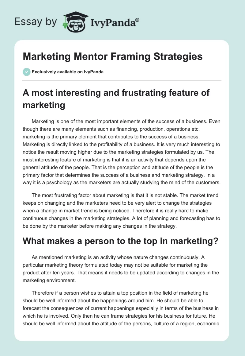 Marketing Mentor Framing Strategies. Page 1