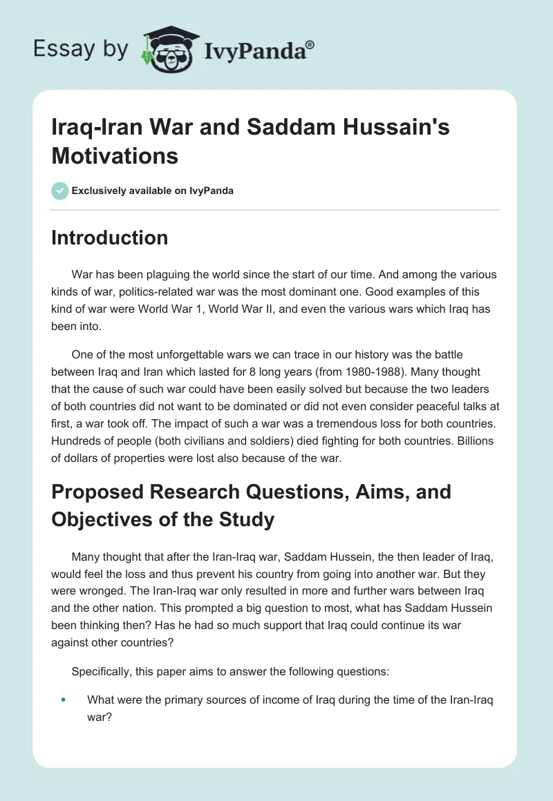 Iraq-Iran War and Saddam Hussain's Motivations. Page 1