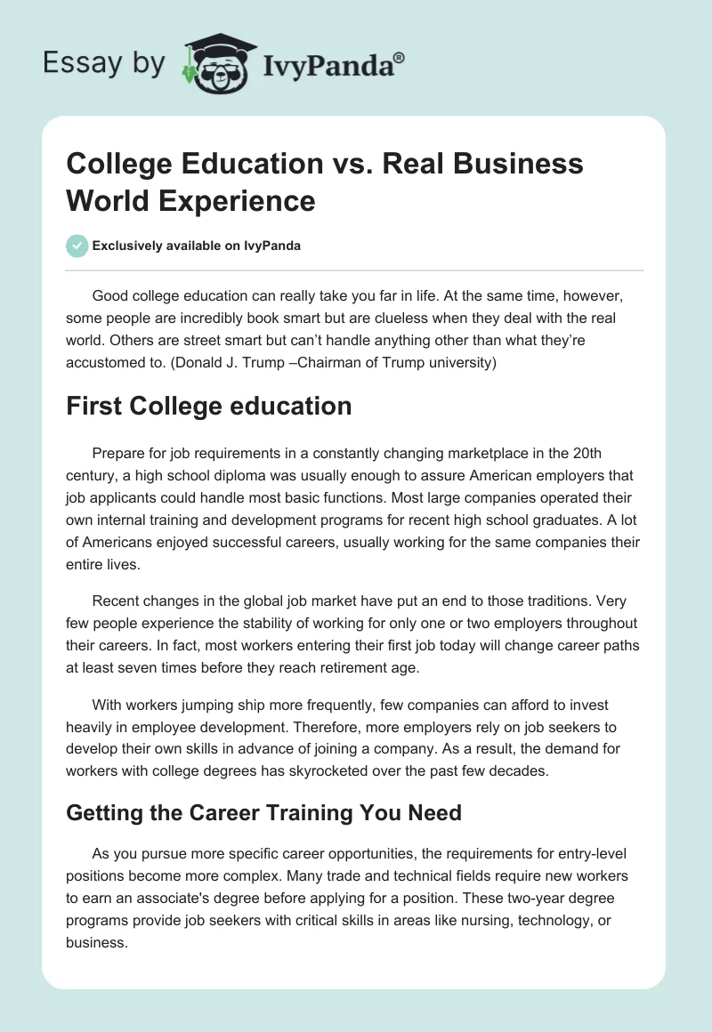 College Education vs. Real Business World Experience. Page 1