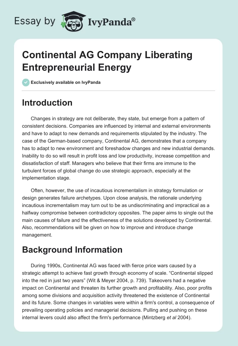 Continental AG Company Liberating Entrepreneurial Energy. Page 1