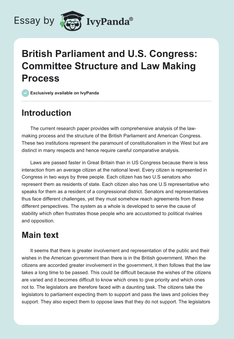 British Parliament and U.S. Congress: Committee Structure and Law Making Process. Page 1