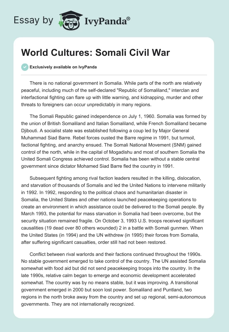 World Cultures: Somali Civil War. Page 1