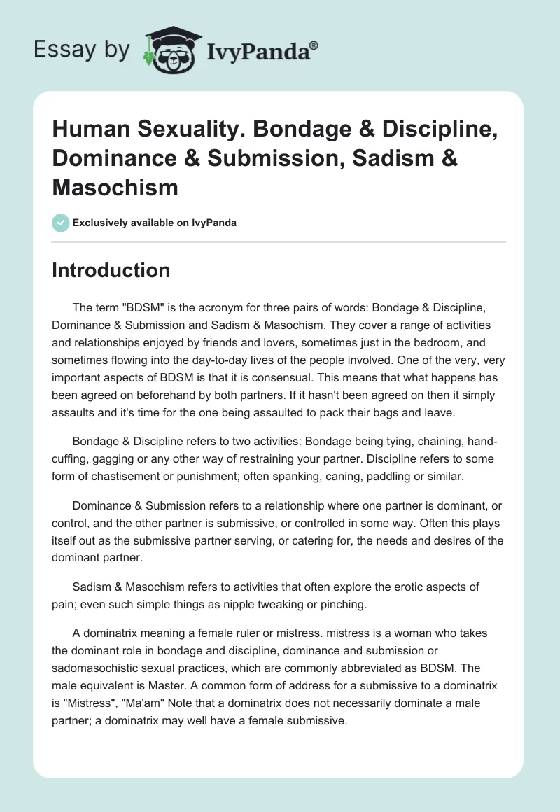 Human Sexuality. Bondage & Discipline, Dominance & Submission, Sadism & Masochism. Page 1