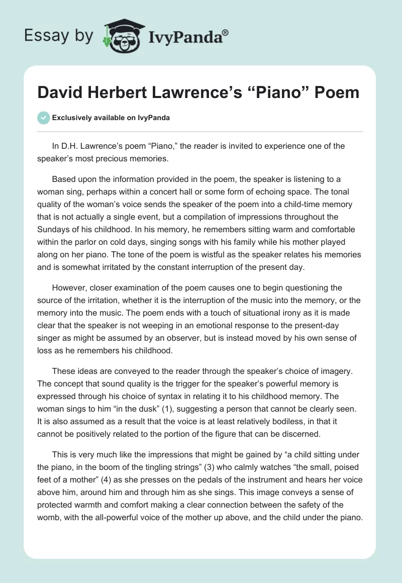 David Herbert Lawrence’s “Piano” Poem. Page 1