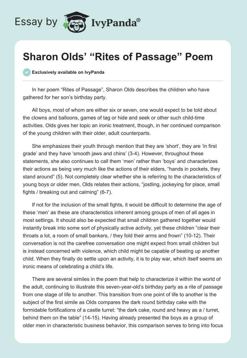 Sharon Olds’ “Rites of Passage” Poem. Page 1