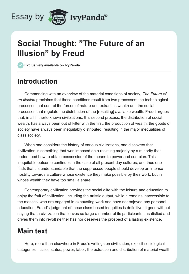 Social Thought: ”The Future of an Illusion” by Freud. Page 1