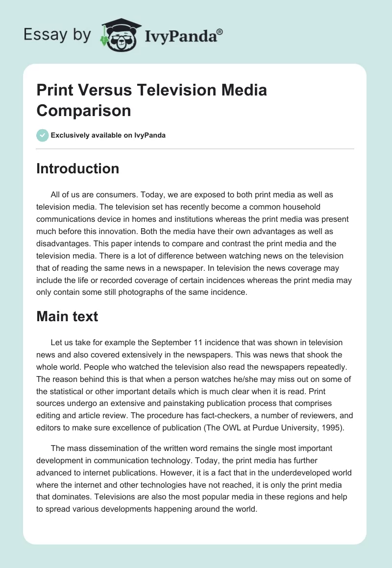 Print Versus Television Media Comparison. Page 1