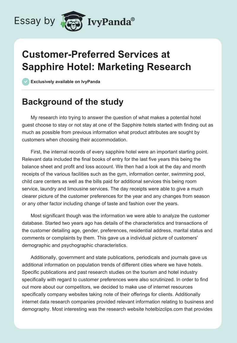 Customer-Preferred Services at Sapphire Hotel: Marketing Research. Page 1