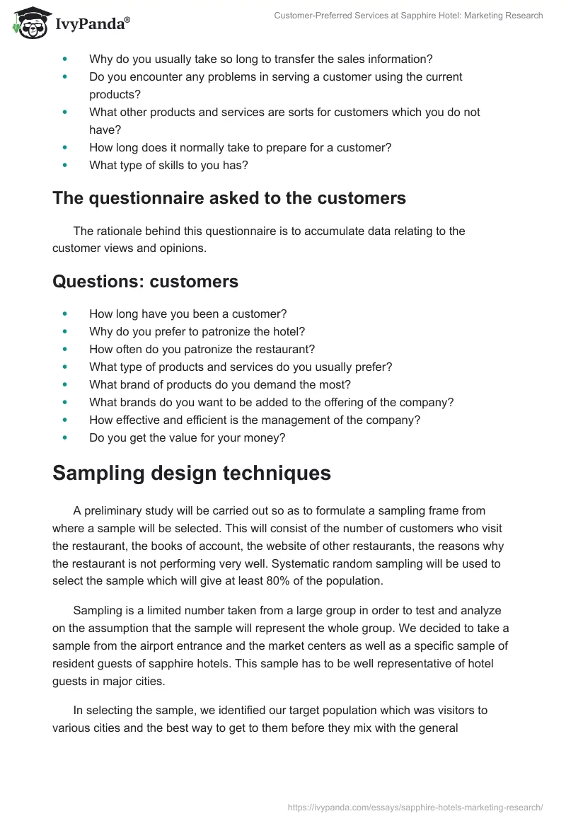 Customer-Preferred Services at Sapphire Hotel: Marketing Research. Page 5