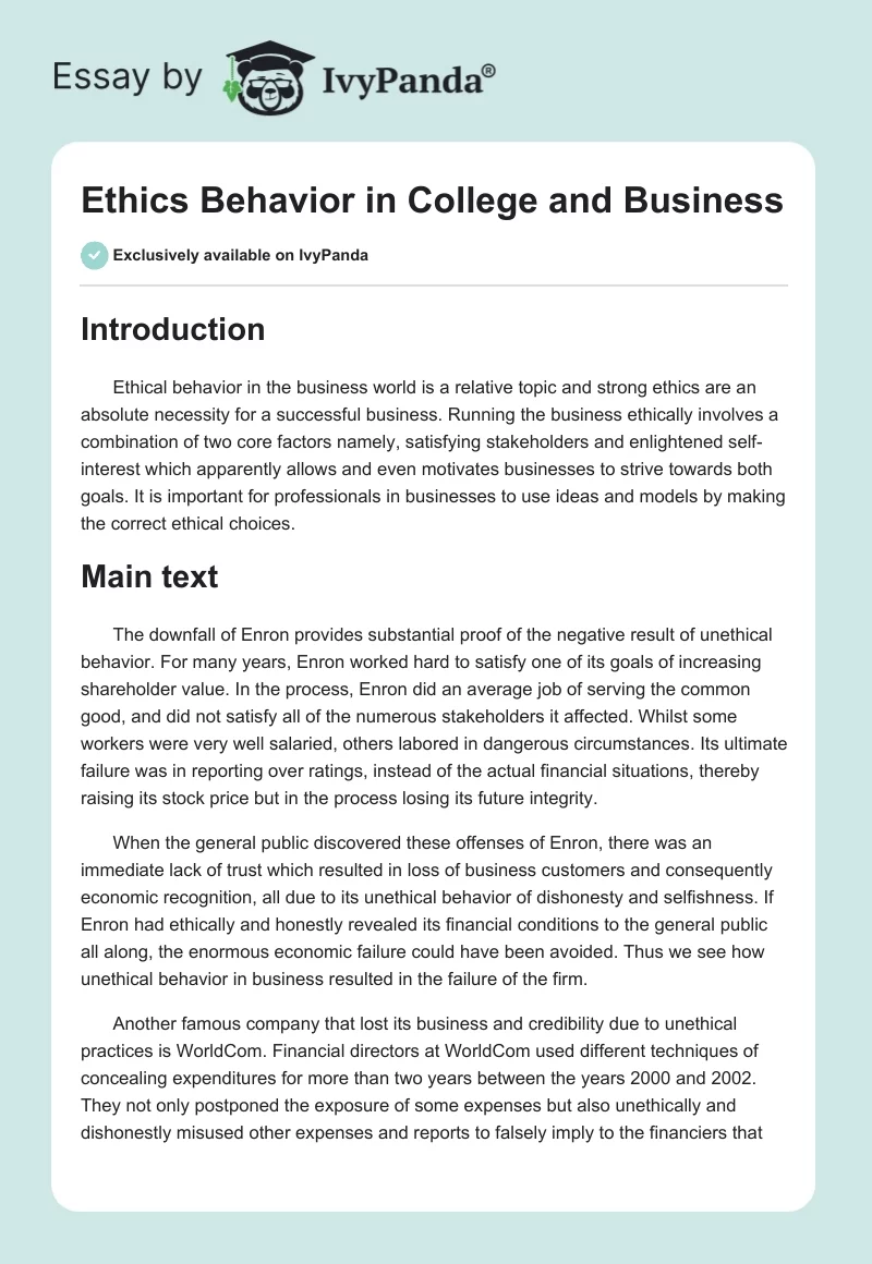 Ethics Behavior in College and Business. Page 1