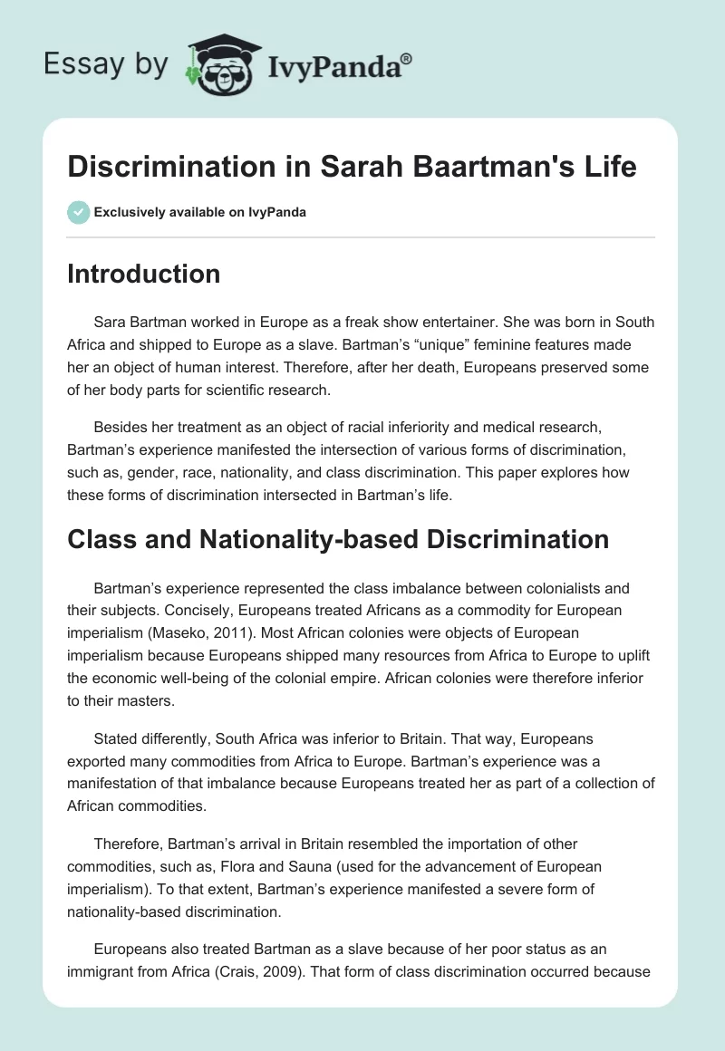 Discrimination in Sarah Baartman's Life. Page 1