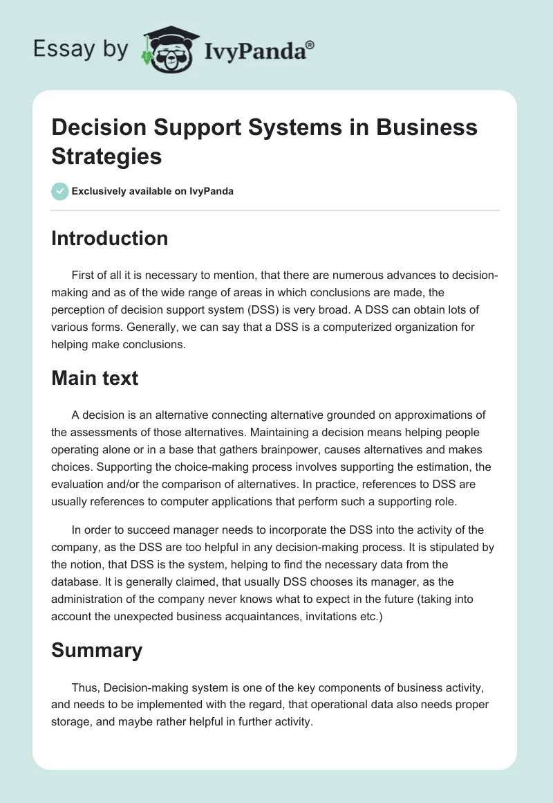 Decision Support Systems in Business Strategies. Page 1
