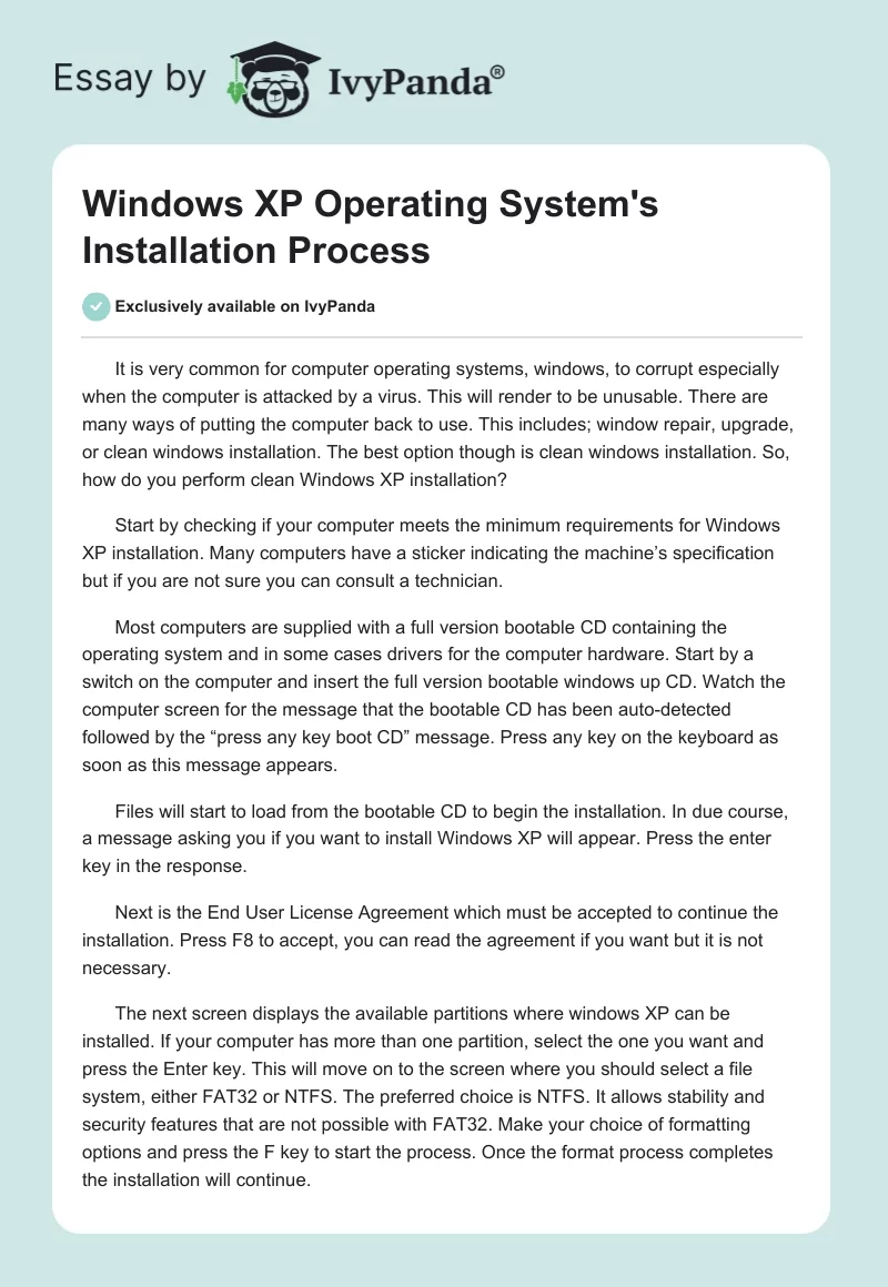 Windows XP Operating System's Installation Process. Page 1