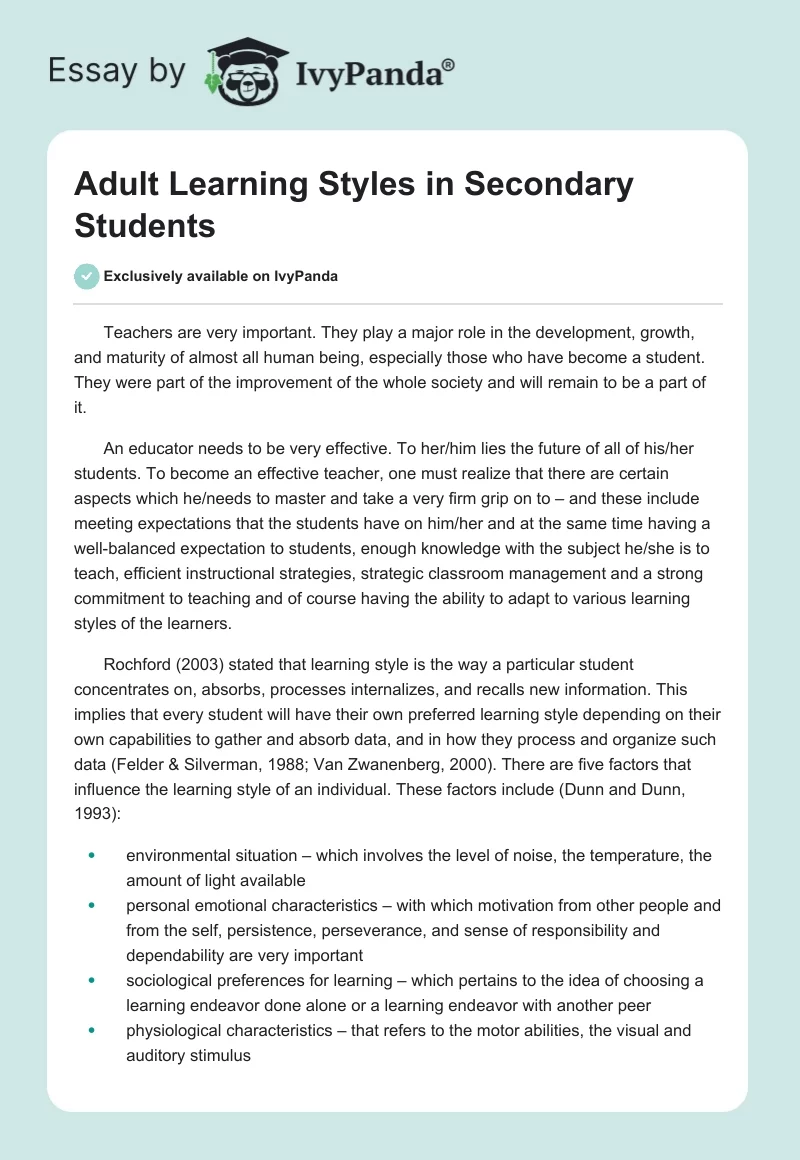 Adult Learning Styles in Secondary Students. Page 1