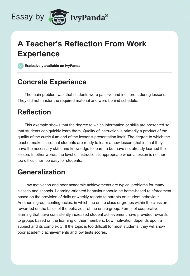 A Teacher's Reflection From Work Experience. Page 1
