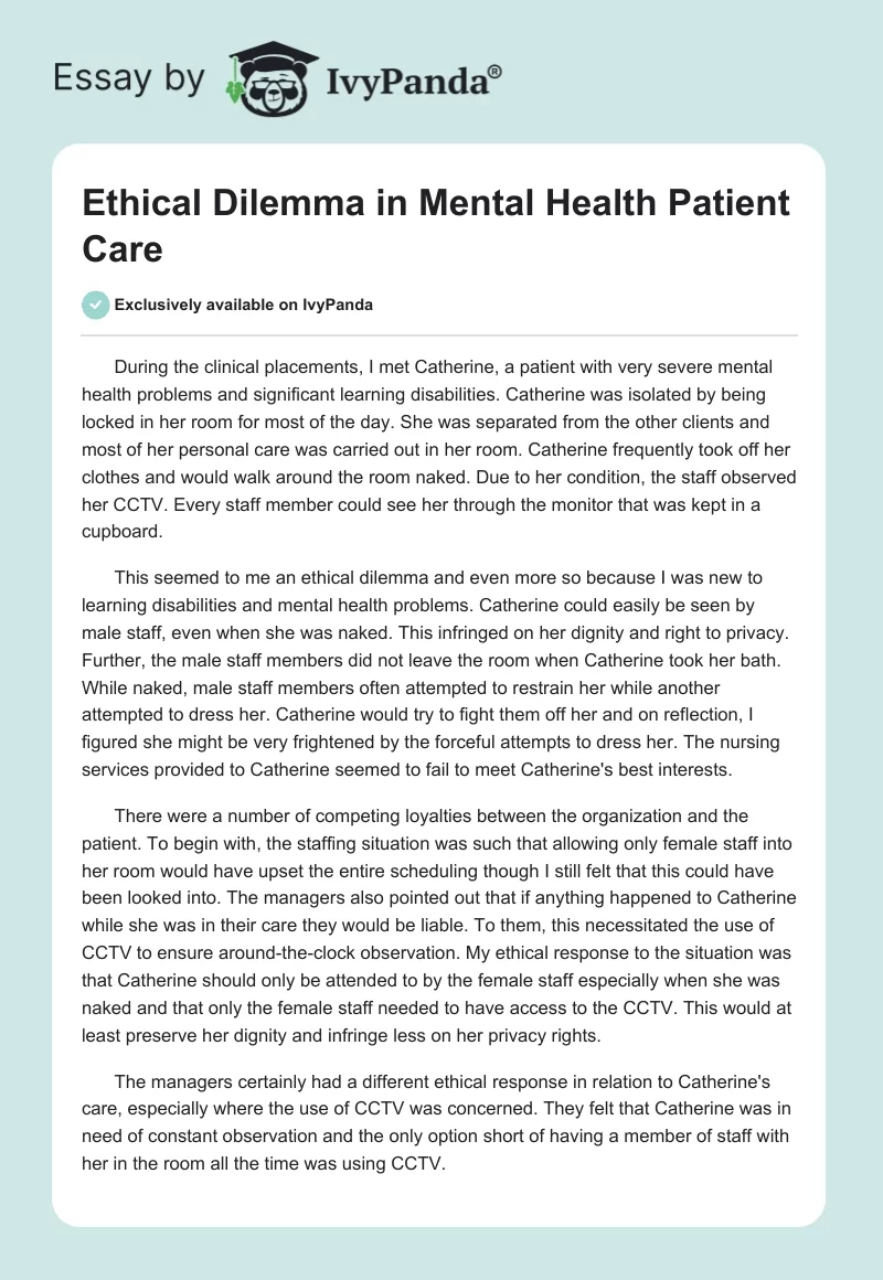 Ethical Dilemma in Mental Health Patient Care. Page 1