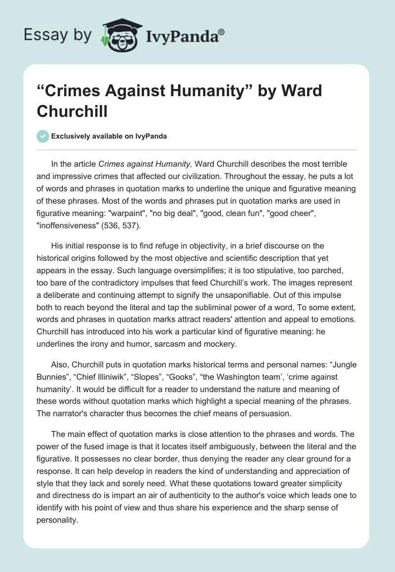 “Crimes Against Humanity” by Ward Churchill. Page 1